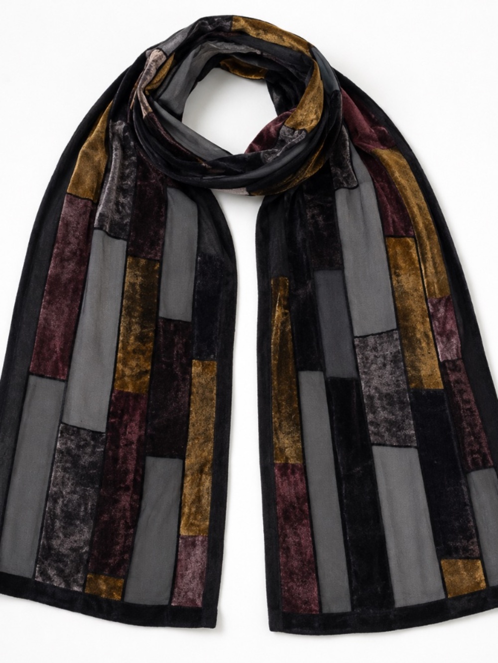 Velvet burnout scarf black/brown/gold/burgundy sheer layer dark romantic